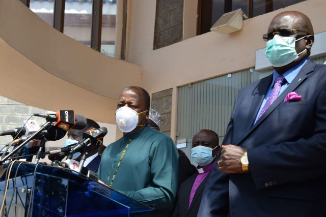 Health CS Mutahi Kagwe and his Education counterpart George Magoha address the media at KICD, Nairobi, on June 5, 2020.