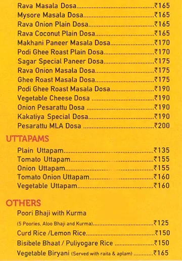 Sagar Ratna menu 