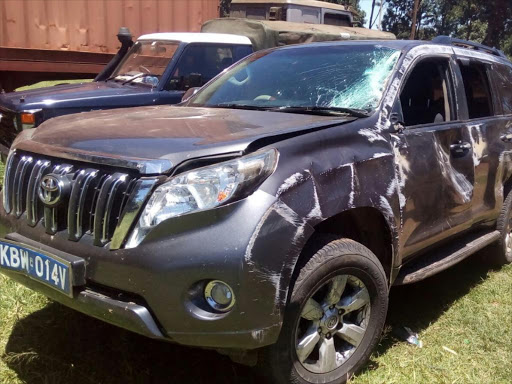 The Prado belonging to Kenya Urban Roads Authority parked at Tigoni police station. It was involved in an accident at Rironi area along the busy Nairobi Nakuru highway. Photo/George Mugo