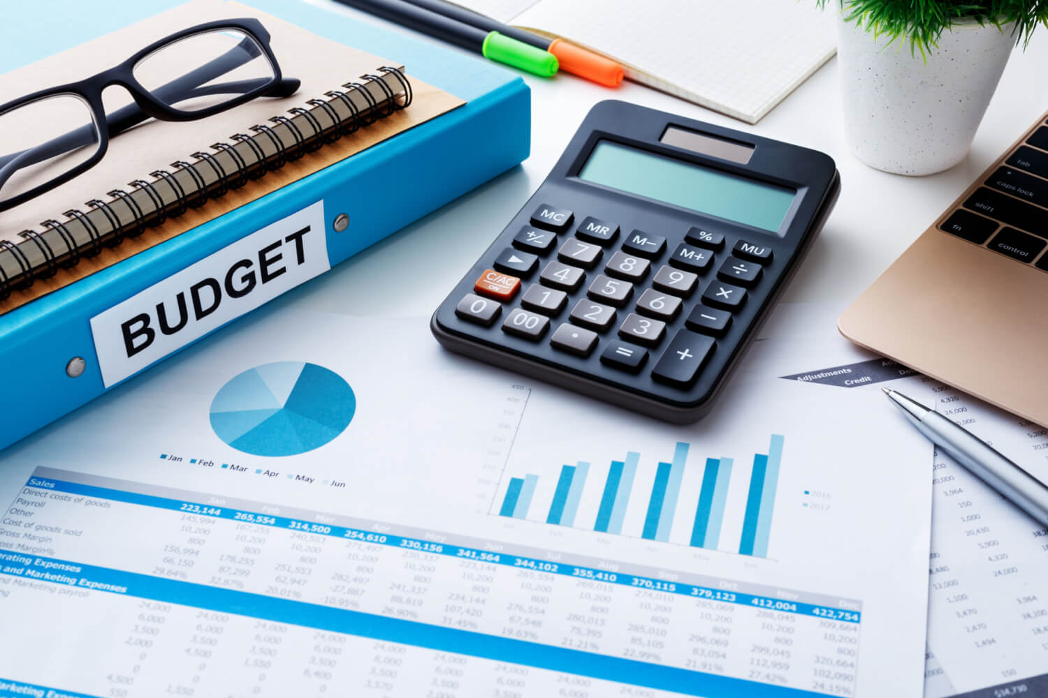 Documents with graphs and pie charts, calculator on the documents and a file.