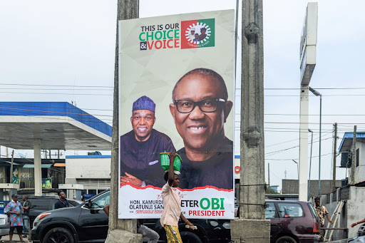 An election billboard for the Labour Party presidential candidate Peter Obi and the house of representatives candidate Kamurdeen Olatunji in the Yaba district of Lagos, Nigeria, on February 6 2023. Picture: BLOOMBERG