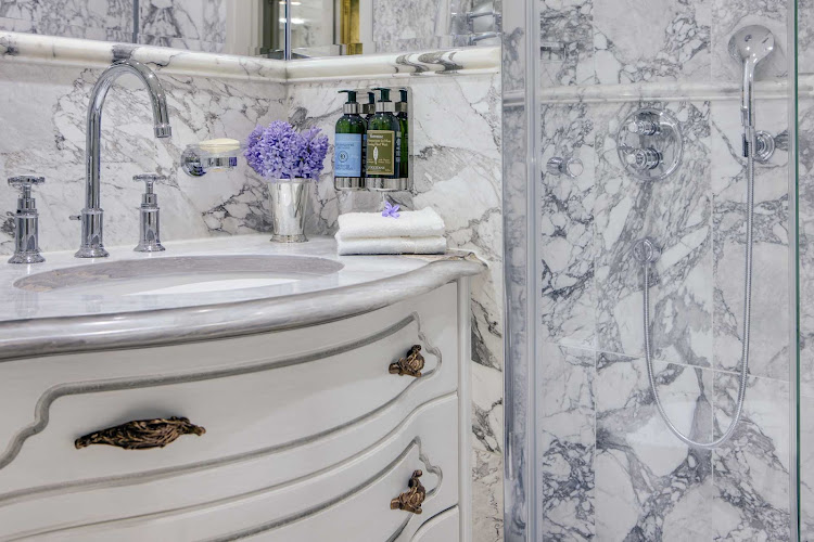 A look at the marble detailing in a stateroom bathroom on Uniworld's S.S. Maria Theresa.