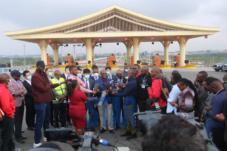 CS James Macharia addressing the media during the commissioning of the Nairobi Expressway on Saturday, May, 12, 2022.