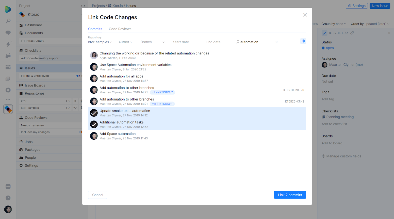 Link issues to code changes manually in Space