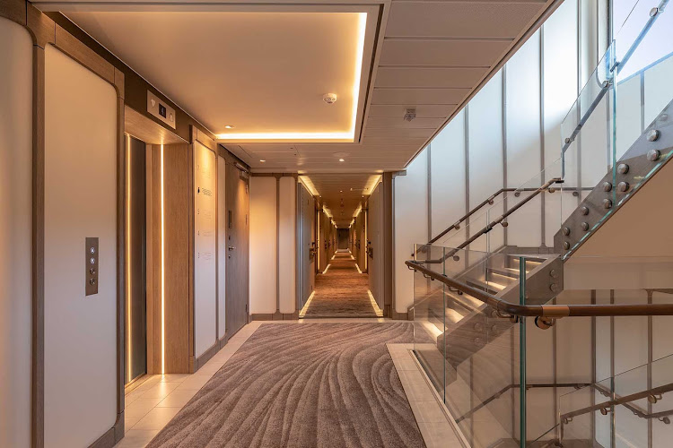 A corridor on the luxury expedition ship Silver Origin. 