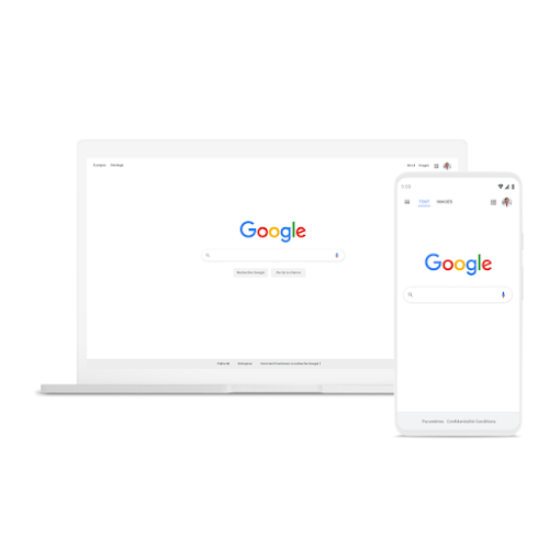 Ordinateur portable et téléphone sur lesquels la recherche Google est affichée