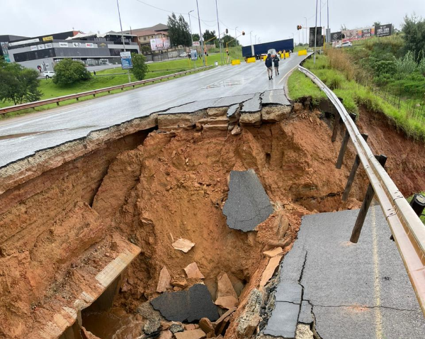 A section of Hendrik Potgieter Road in Roodepoort that collapsed after heavy rain. File image