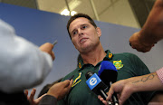 Springboks head coach Rassie Erasmus speaks to the media at the Cape Town International Airport on 25 April 2018. 
