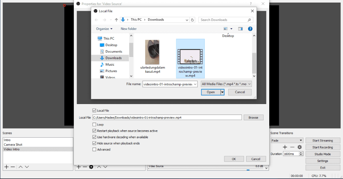 OBS Studio Add Video Intro Source Media File