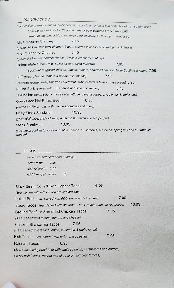 The Alibi Bar & Grill gluten-free menu