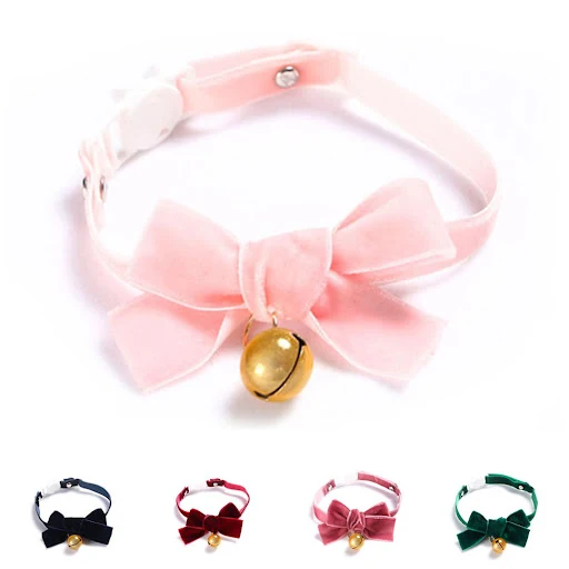 Velvet Bow Adjustable Cat Collar with Bell Safety Collar Kitten Collar for Cat with Classic Color Collection Pet Puppy S