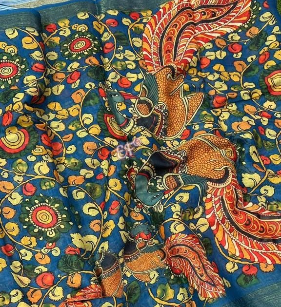 Elegant Big Border Kalamkari Printed Linen Sarees