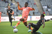 Thapelo Maseko of SuperSport United and Paseka Mako of Orlando Pirates during the DStv Premiership match at Orlando Stadium on March 18, 2023.