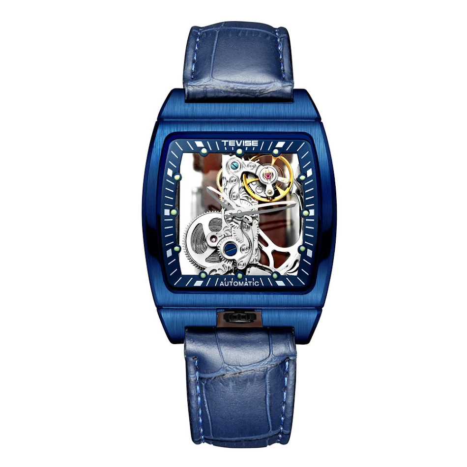 Relógio masculino casual de couro com movimento automático mecânico longo e design vazado. Elegância e precisão em um só acessório.