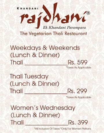 Rajdhani menu 