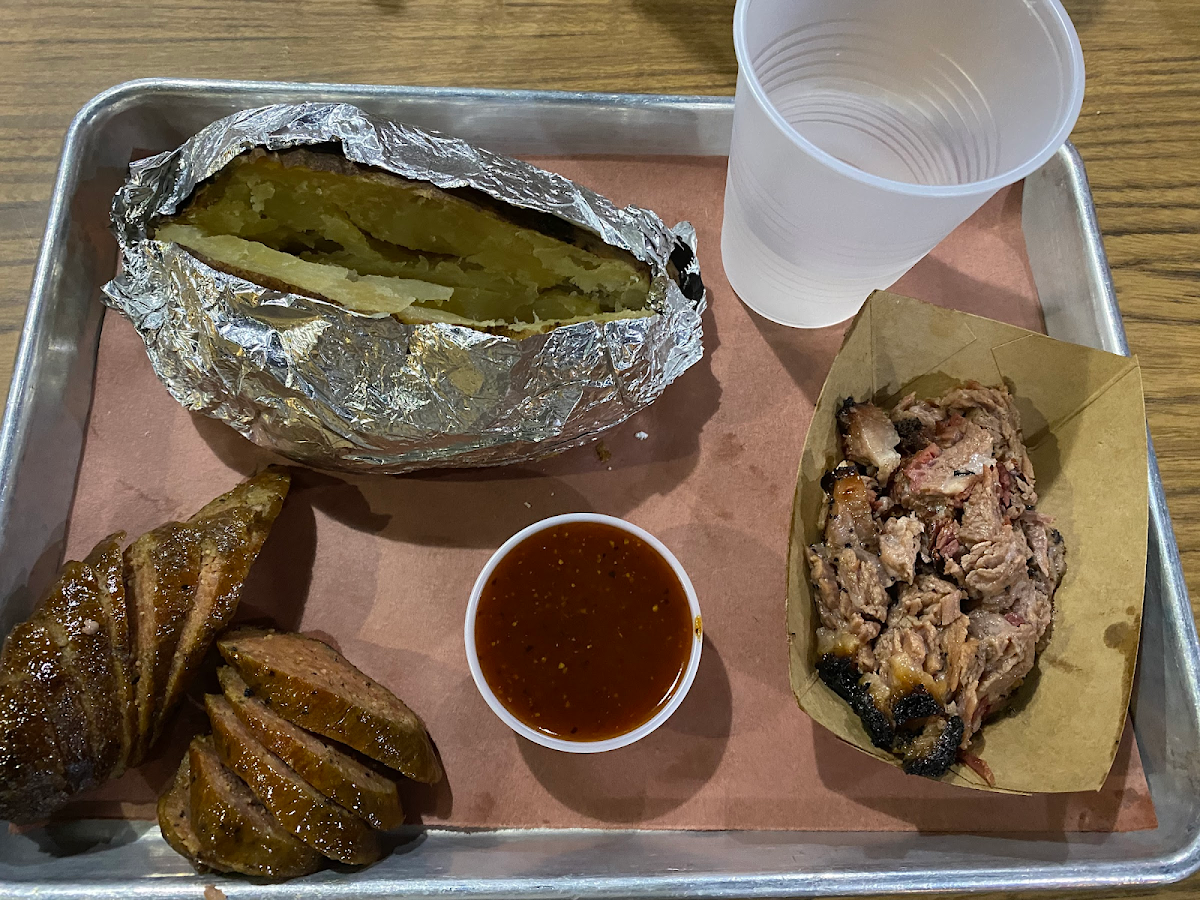 Baked potato with brisket and sausage too