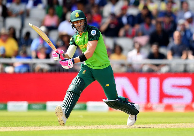 Faf du Plessis of South Africa in action batting during the Group Stage match of the ICC Cricket World Cup 2019 between Australia and South Africa at Old Trafford on July 06, 2019 in Manchester, England.