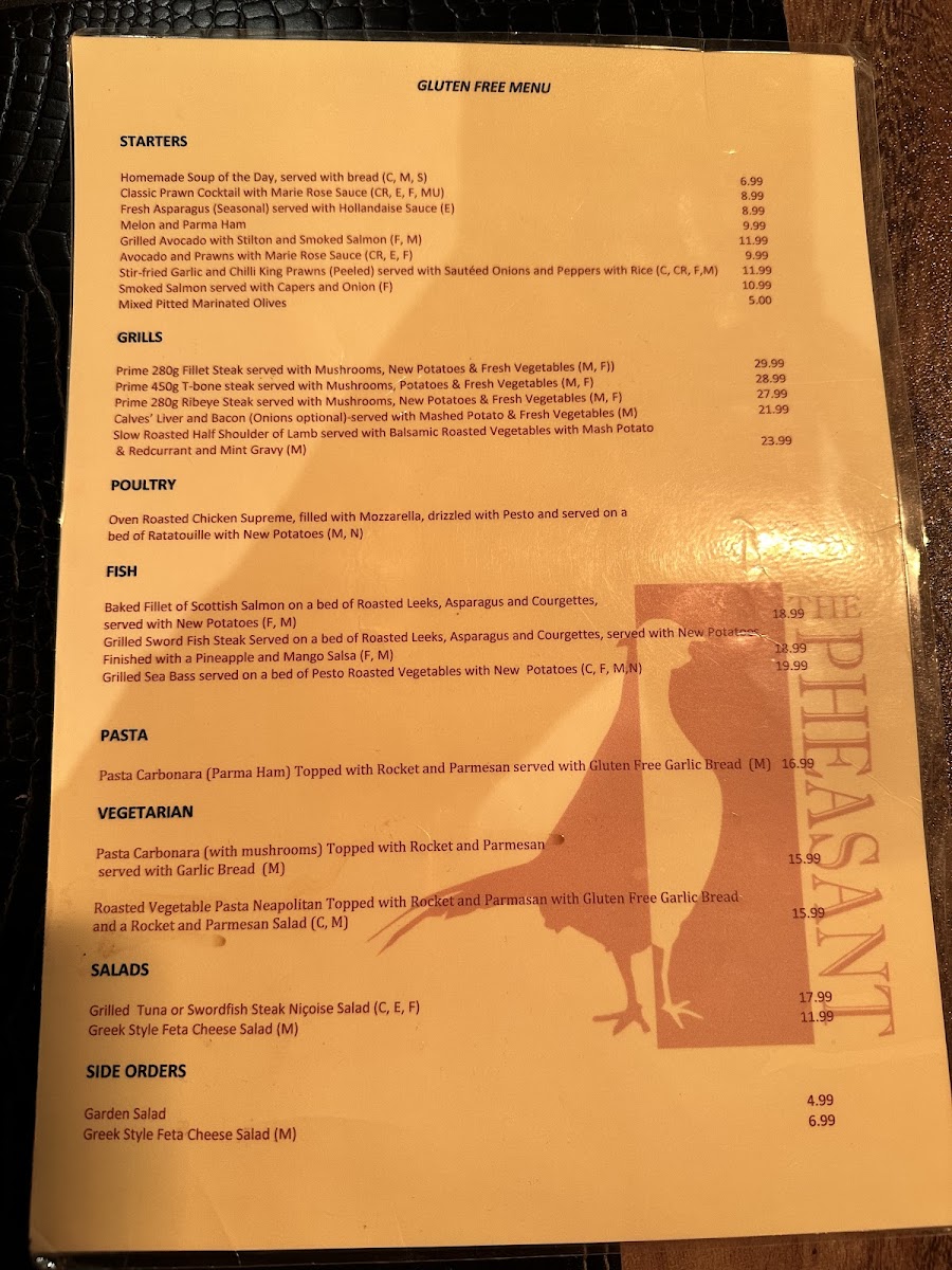The Pheasant Inn & Restaurant gluten-free menu