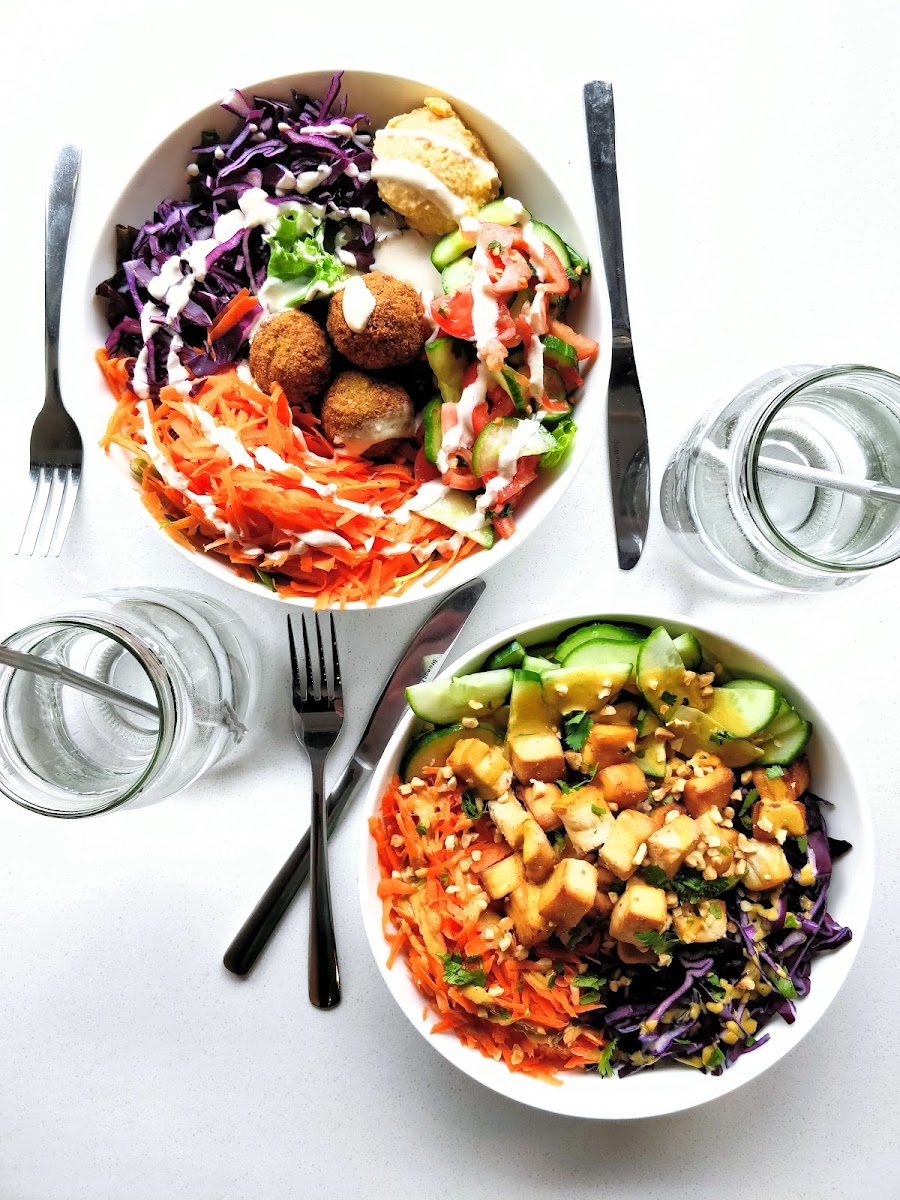 Try the Thai Rice Bowl or the Mediterranean Salad!