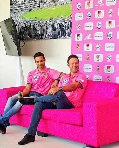 Proteas playes Farhaan Behardien (L) and AB de Villiers pose for a picture on Tuesday 17 January 2017 in Johannesburg.