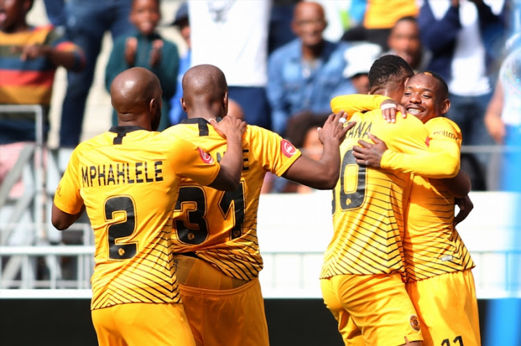 Siyabonga Ngezana of Kaizer Chiefs is congratulated by Khama Billiat of Kaizer Chiefs for scoring the opening goal during the Absa Premiership match between Cape Town City FC and Kaizer Chiefs at Cape Town Stadium on September 15, 2018 in Cape Town, South Africa.