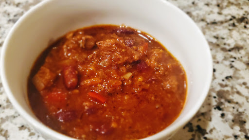 Chili Stew in a small white bowl