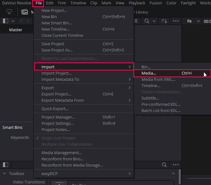 Import media in Davinci resolve