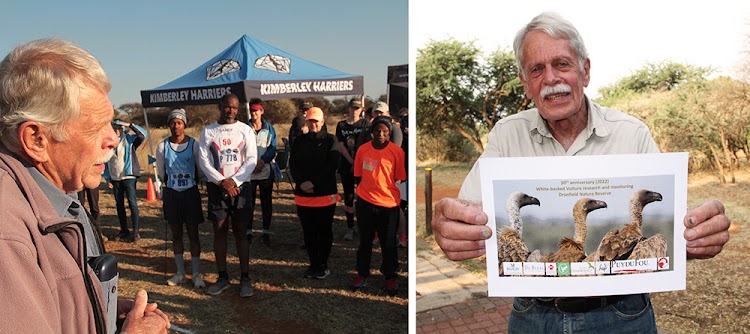 LEFT: Angus Anthony addresses athletes about the threats to white-backed vultures. RIGHT: Anthony with the certificate he received from BirdLife South Africa for his years of contributions to vulture research.