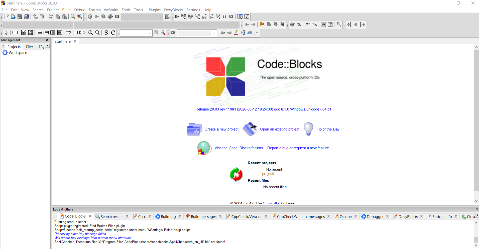 Tela inicial Code::Blocks C++