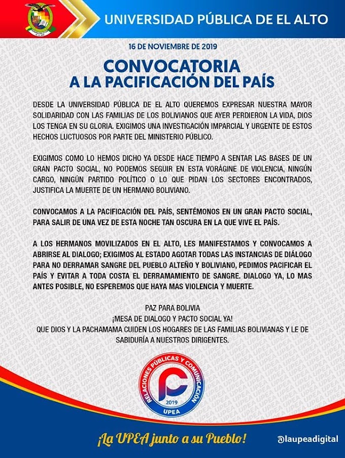 UPEA: Convocatoria a la pacificación del país