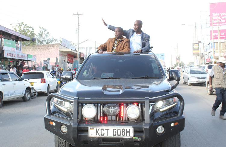 New Kenya National Chamber of Commerce and Industry director South Rift region David Mpatiany (right) with Narok Chamber of Commerce and Industry chairman Francis Kasale arrive in Narok town on Thursday to heroic welcome, June 15, 2023.