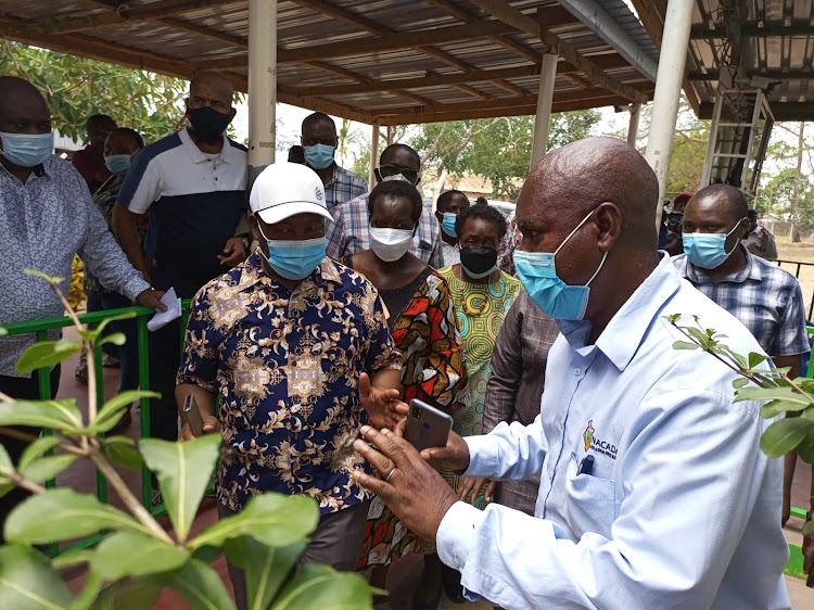 Limuru MP Peter Mwathi, the chair of the National Assembly Committee on Administration and Security, and Nacada CEO Victor Okioma at the Miritini Treatment and Rehabilitation Centre in Mombasa on Saturday.