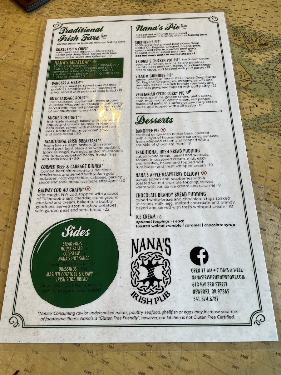 Nana's Irish Pub gluten-free menu