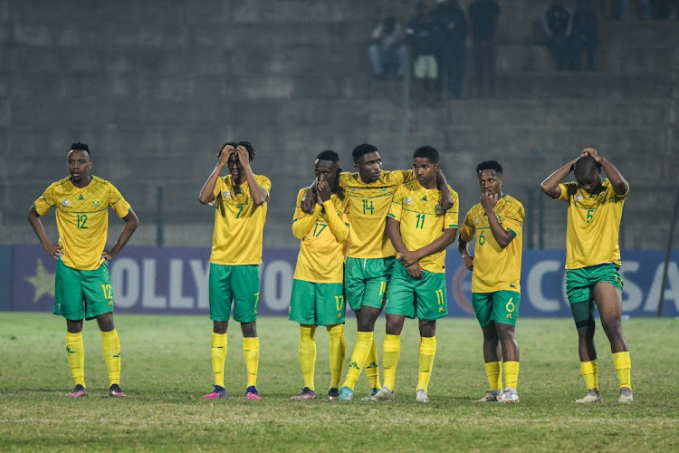 Bafana Bafana during penalty shootout during the 2022 COSAFA Cup quarter final match between South Africa and Mozambique at King Zwelithini Stadium.