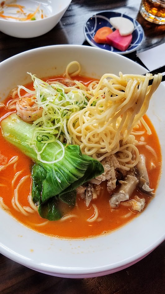 Marukin Ramen Special Ramen, available only once a week at each location and limited to about 30 bowls because of the amount of work required to create it! Ebi Ramen, a Rich Tiger Shrimp and chicken based broth with sea salt topped with tiger shrimp, bok choy, mushroom age-tofu mix, kikurage, and negi