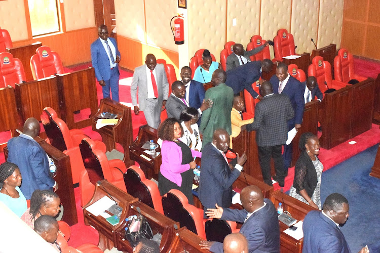 MCAs in the county assembly interact before voting on March 14, 2024.