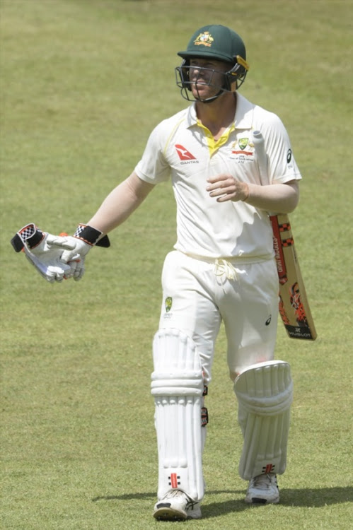 David Warner of Australia out for 28 runs during day 3 of the 1st Sunfoil Test match between South Africa and Australia at Sahara Stadium Kingsmead on March 03, 2018 in Durban.