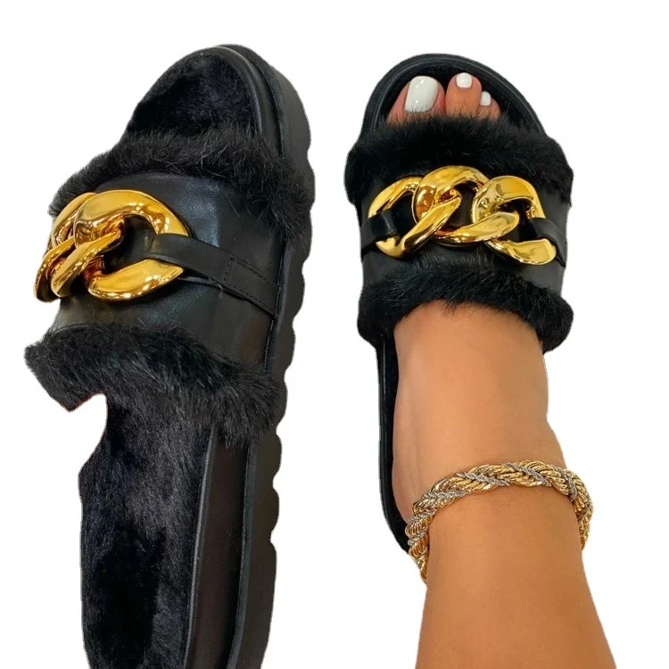 Sapatos femininos com sola grossa, corrente de uma linha e fivela, chinelos peludos para conforto, estilo e elegância.
