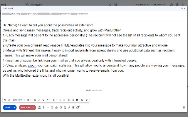 Send Mass Mail + HTML inserter for Gmail