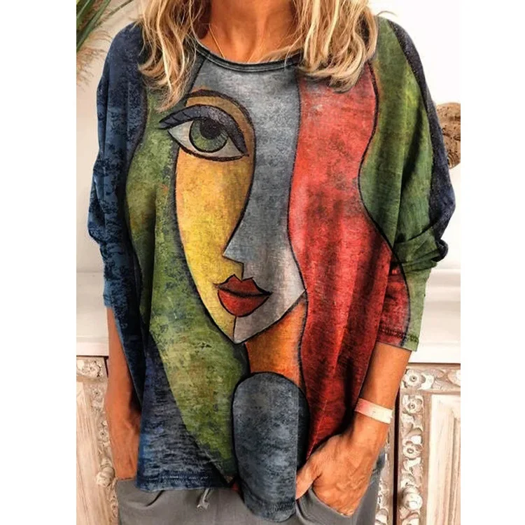 Camiseta de manga comprida com estampa facial de outono e inverno