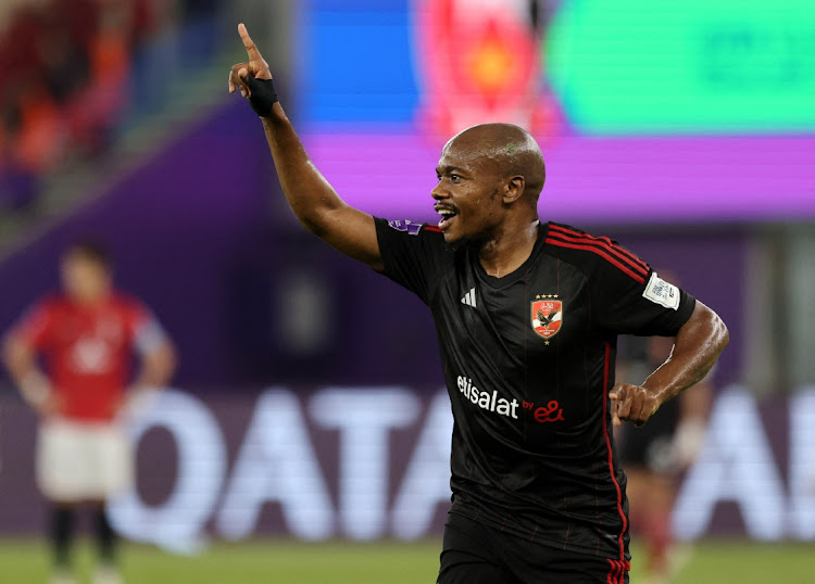 Al Ahly's Percy Tau celebrates scoring their second goal in their Fifa Club World Cup third-place playoff win against Urawa Red Diamonds of Japan at Prince Abdullah Al Faisal Stadium in Jeddah, Saudi Arabia on Friday.