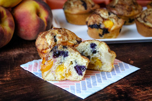 Inside of a Blueberry Peach Muffin.