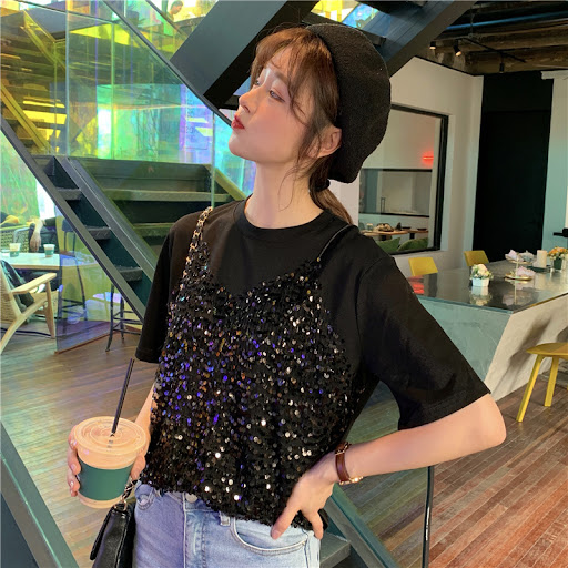 Title 11, Sequined Korean-style Short-sleeved T-shirt Fal...