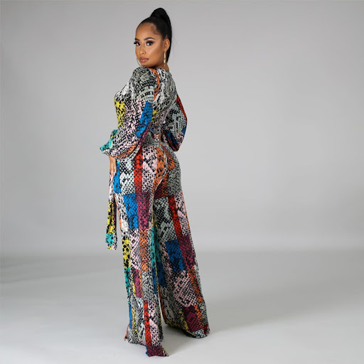 Title 5, Printed Flared Long-sleeved Jumpsuit with Wide ...