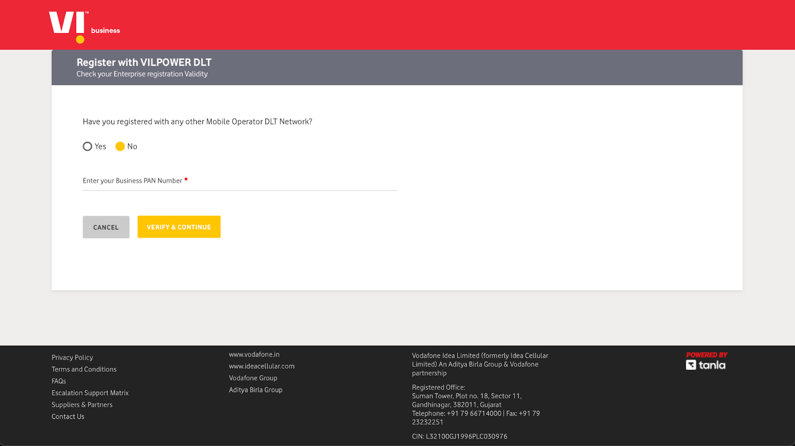 Business PAN number on Vodafone DLT registration portal I SMSCountry