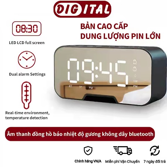 Loa Bluetooth Kiêm Đồng Hồ Báo Thức G10 Plus Man Hinh Trang Đài Fm Radio Gương Hiển Thị Đèn Led Nghe - Giao Hàng Nhanh