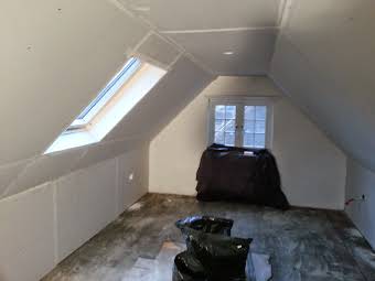 Replacement of lathe and plaster ceiling and walls in bedroom, insulated, re boarded, plastered and finished.  Cut out and installation of new velux window. album cover