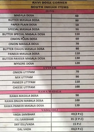 Ravi Dosa Corner menu 