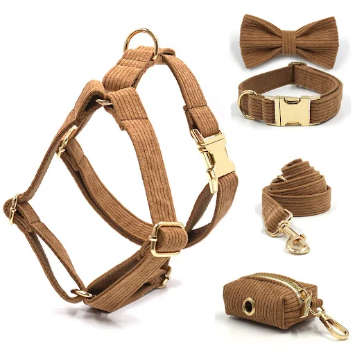 Brown Corduroy Dog Harness and Leash Set Luxury Designer Personalized Collar for Small Large Dogs Walking Lead Set with 