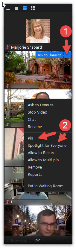 Video options where pin and spotlight video are highlighted